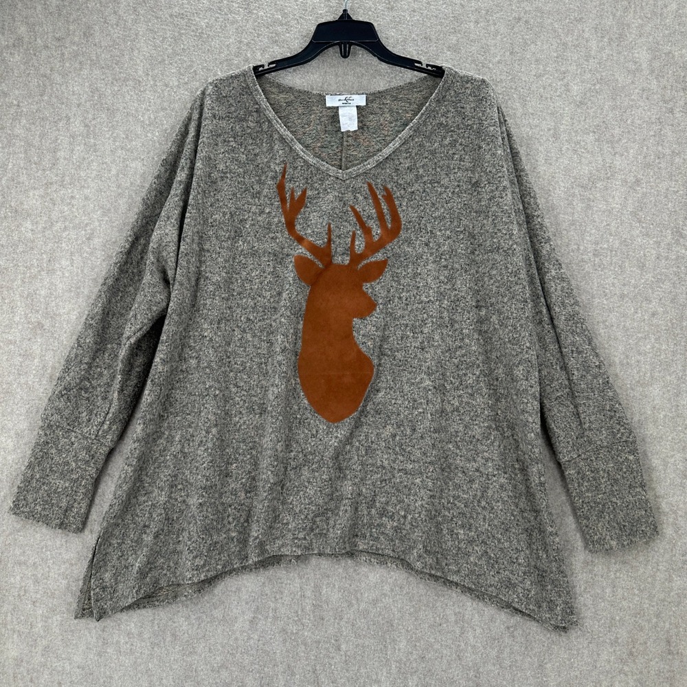 Moa Moa Grey Heathered V Neck Long Sleeve Tunic‎ Top Deer Applique 1X Christmas
